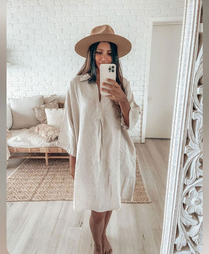 Montaigne Isabelle Linen Collared Shirt with Side Pockets Natural1