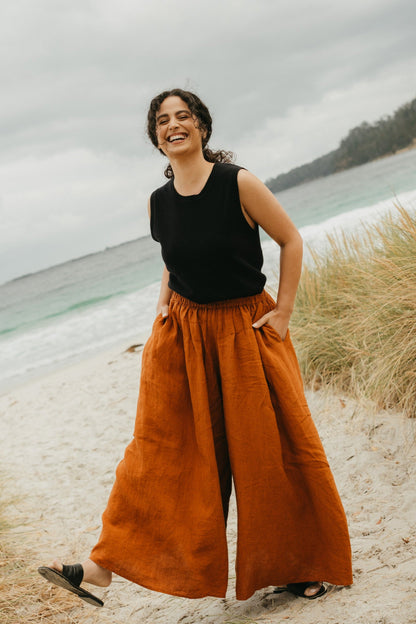 Montaigne Isla French Linen Pants Extra Wide Leg Rust1