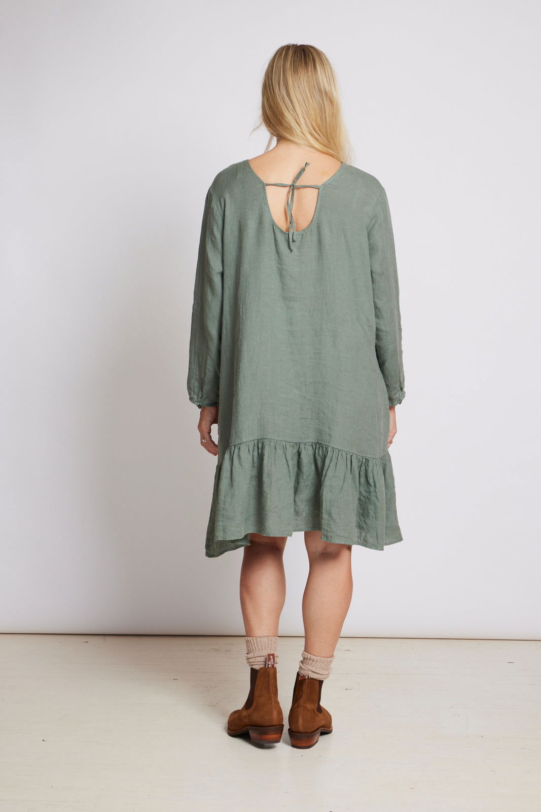 Montaigne Jean Long Sleeve Dress with Tie Up Back Khaki1