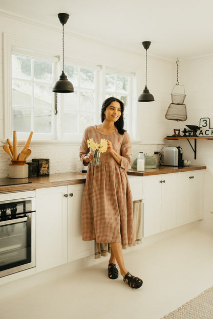 Montaigne Journee French Linen Dress in Antique Rose Gingham