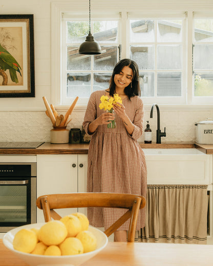 Montaigne Journee French Linen Dress in Antique Rose Gingham