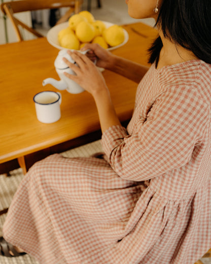 Montaigne Journee French Linen Dress in Antique Rose Gingham