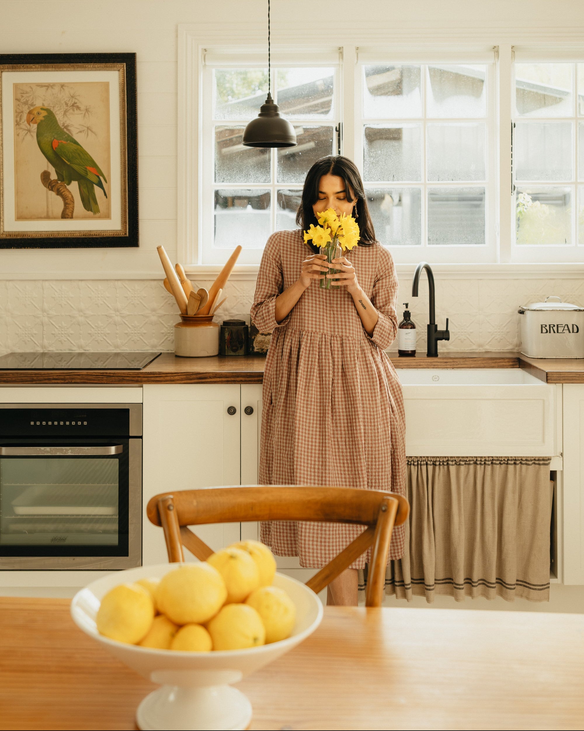 Montaigne Journee French Linen Dress in Antique Rose Gingham