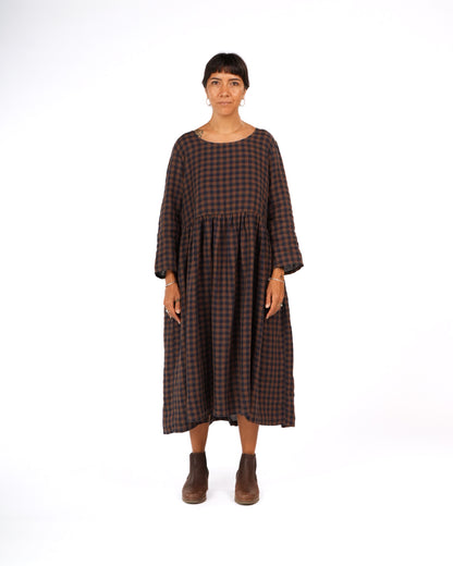 Montaigne Journee French Linen Dress In Blue Brown Check