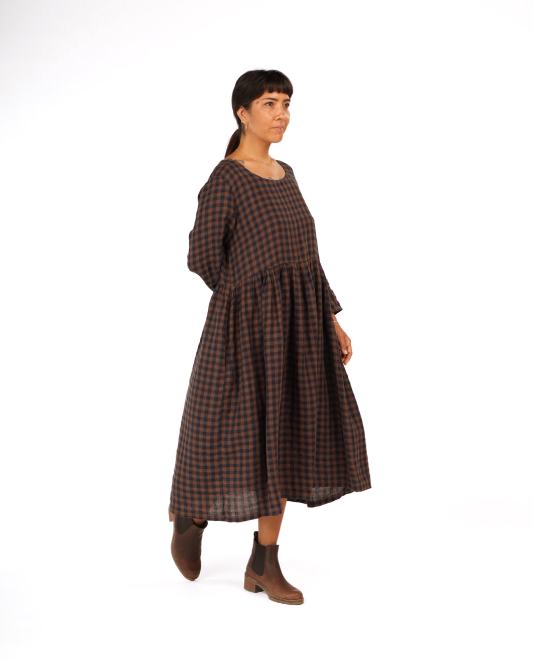 Montaigne Journee French Linen Dress In Blue Brown Check1