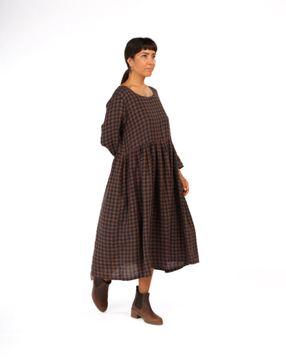 Montaigne Journee French Linen Dress In Blue Brown Check1