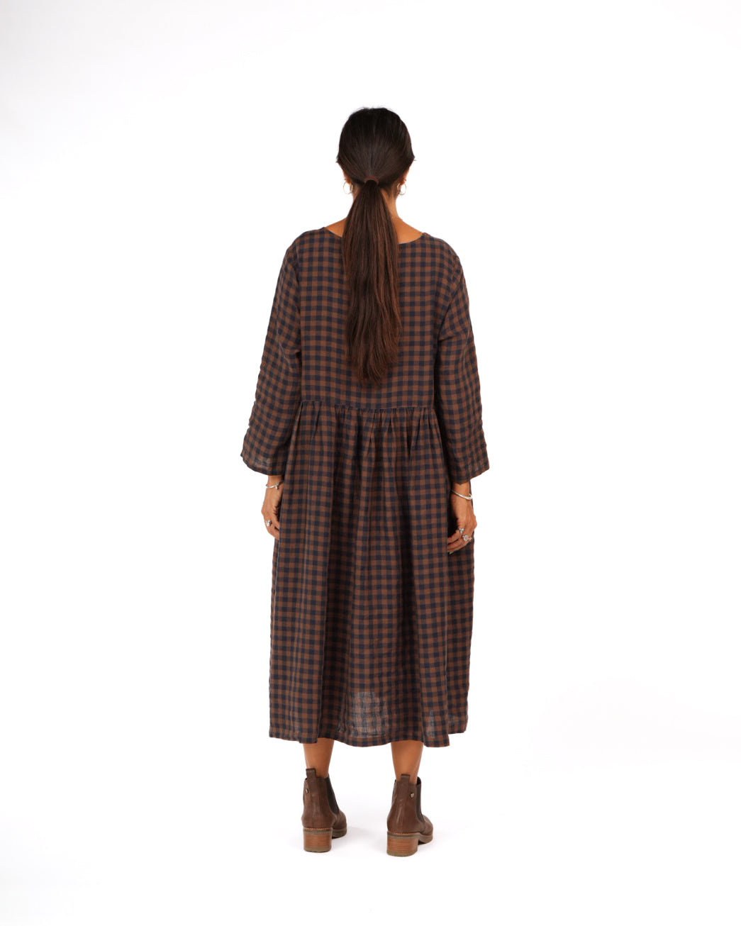 Montaigne Journee French Linen Dress In Blue Brown Check3