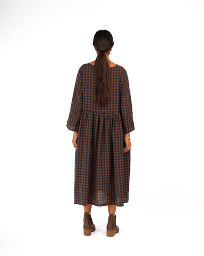 Montaigne Journee French Linen Dress In Blue Brown Check3