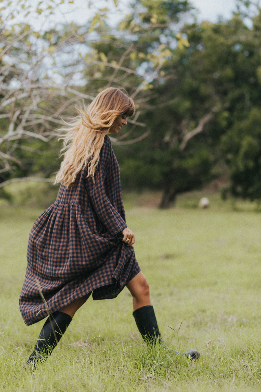 Montaigne Journee French Linen Dress In Blue Brown Check4