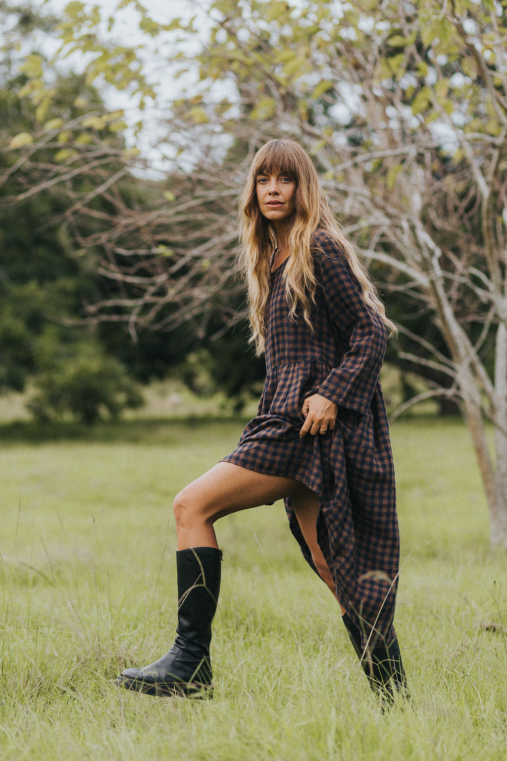 Montaigne Journee French Linen Dress In Blue Brown Check5