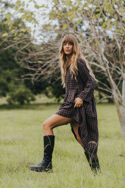 Montaigne Journee French Linen Dress In Blue Brown Check5