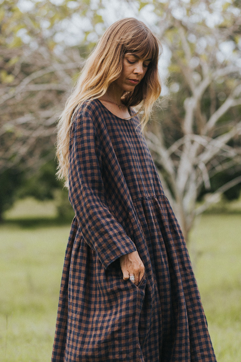 Montaigne Journee French Linen Dress In Blue Brown Check8
