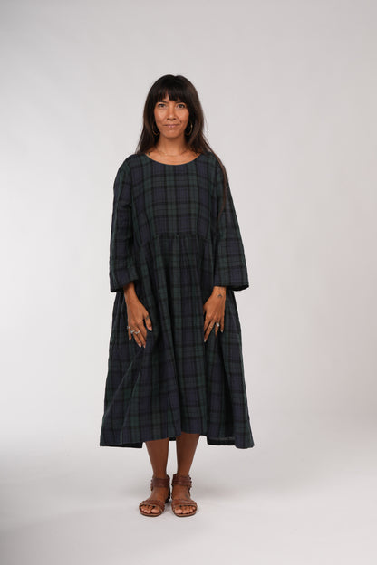 Montaigne Journee French Linen Dress in Blue Tartan Blue