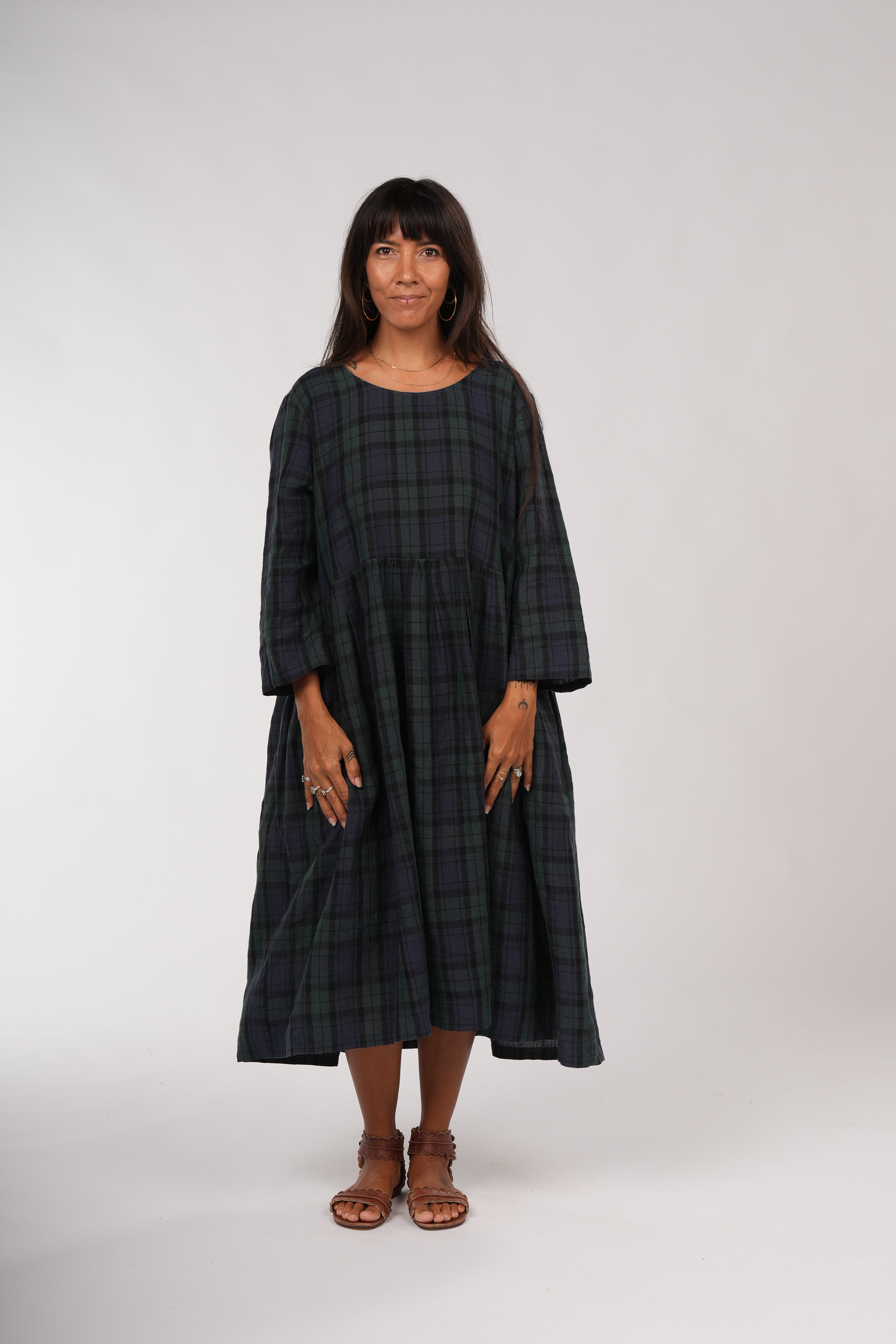 Montaigne Journee French Linen Dress in Tartan Blue