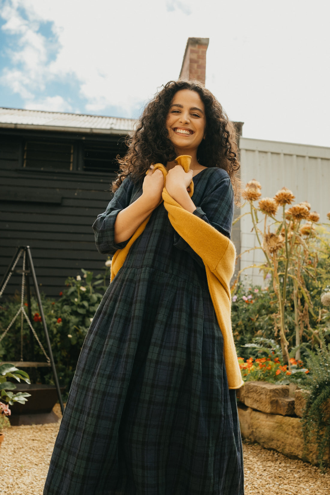 Montaigne Journee French Linen Dress in Tartan Blue10