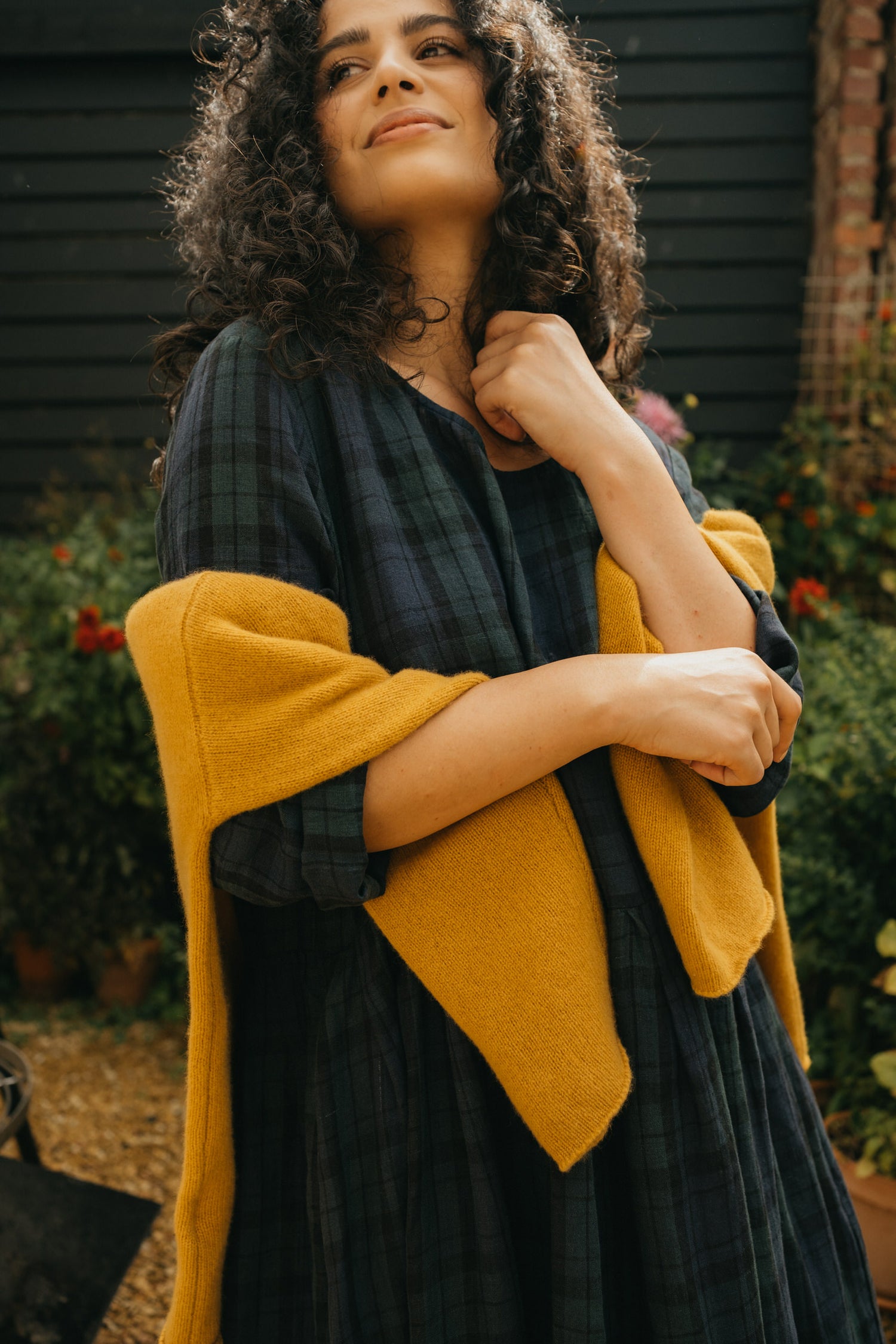 Montaigne Journee French Linen Dress in Tartan Blue9