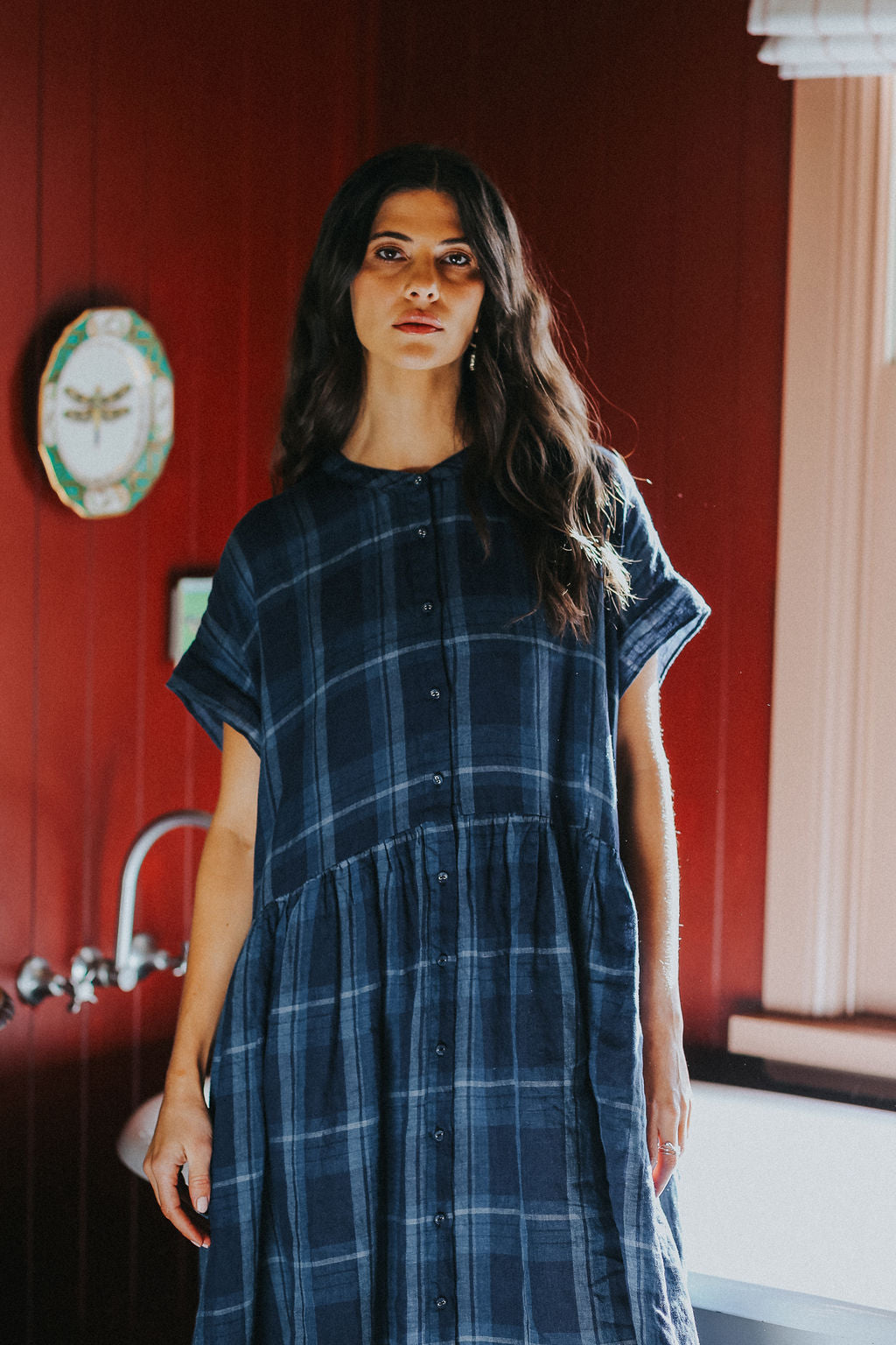 Montaigne Juliette Blue Check Button Up Linen Dress