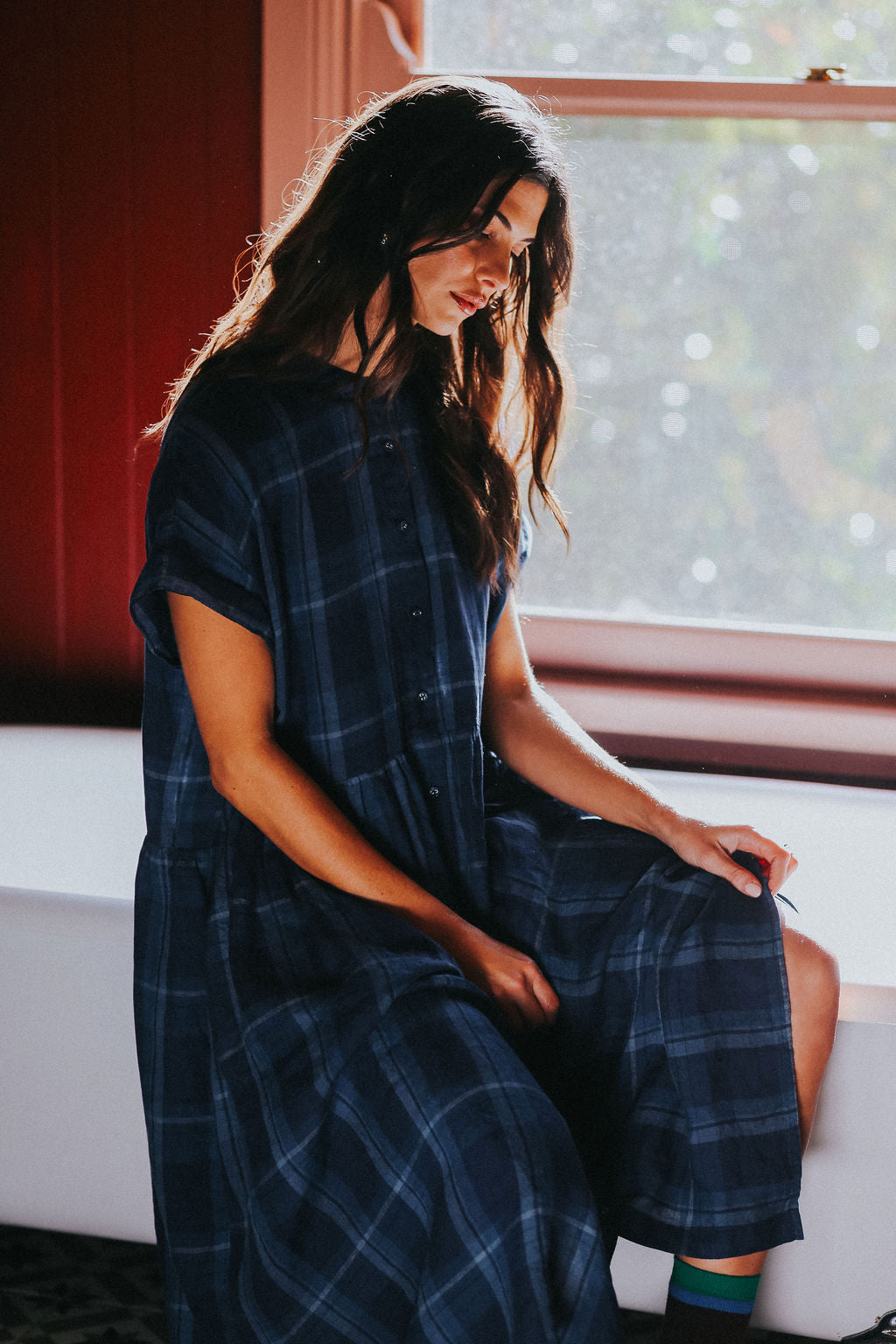Montaigne Juliette Blue Check Button Up Linen Dress1