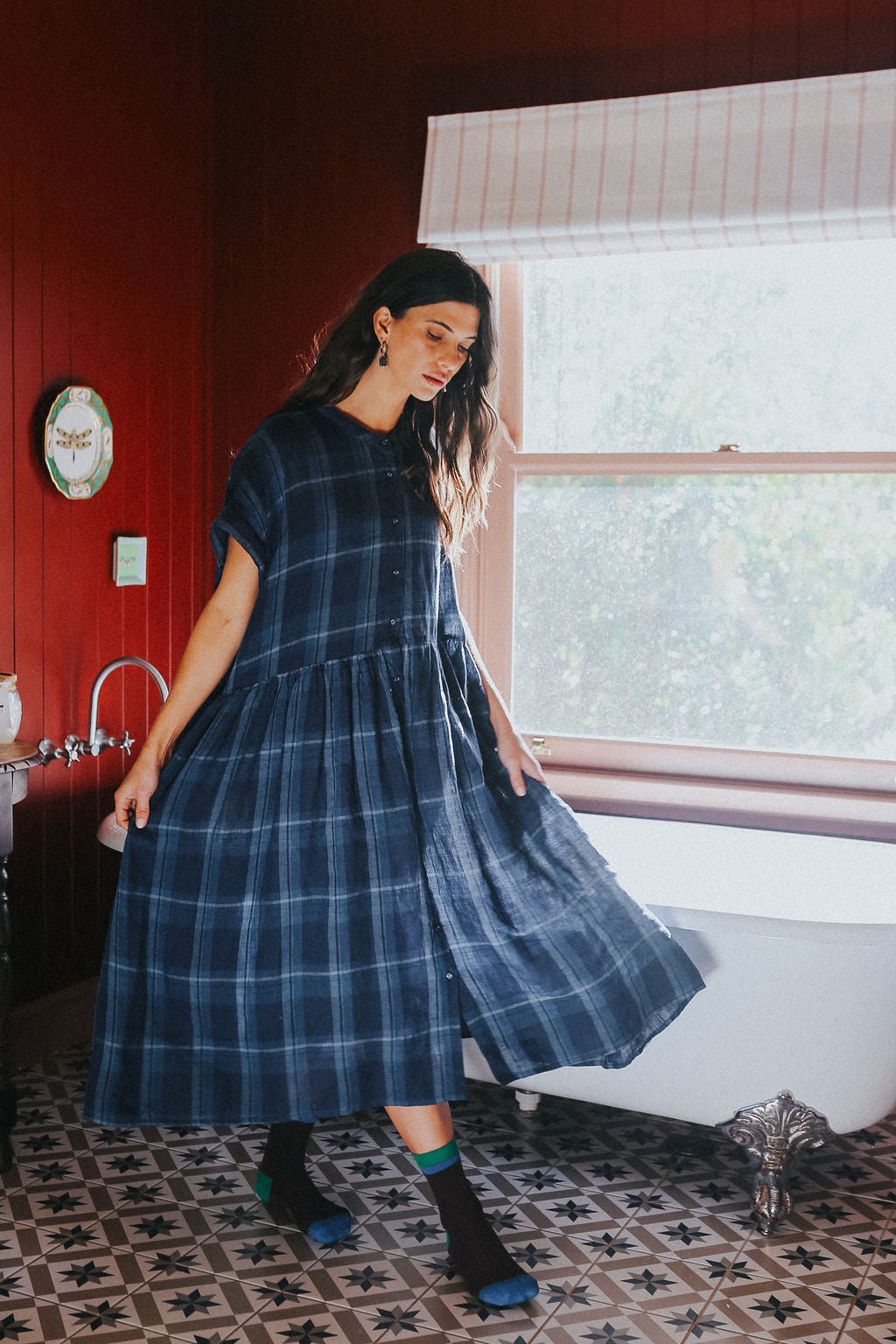 Montaigne Juliette Blue Check Button Up Linen Dress2