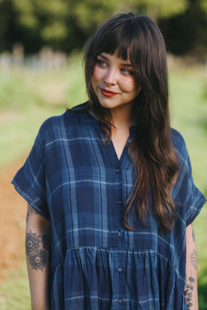 Montaigne Juliette Blue Check Button Up Linen Dress5