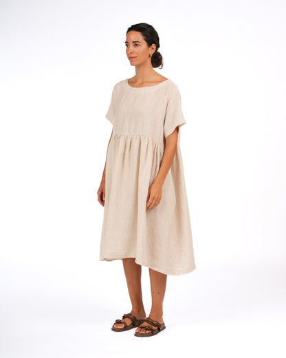 Montaigne Juni French Linen Summer Staple Dress in Houndstooth Cream Natural