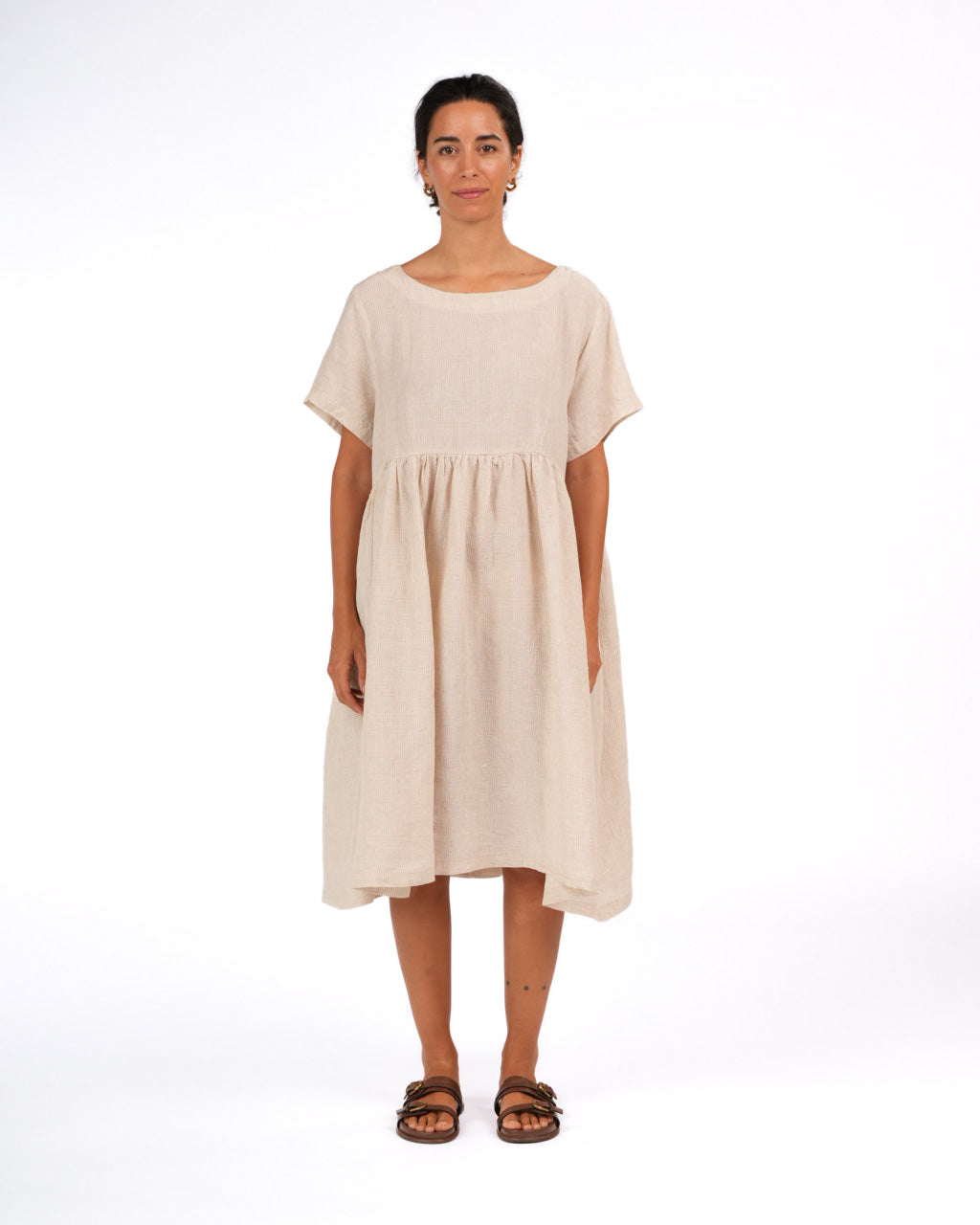 Montaigne Juni French Linen Summer Staple Dress in Houndstooth Cream Natural1