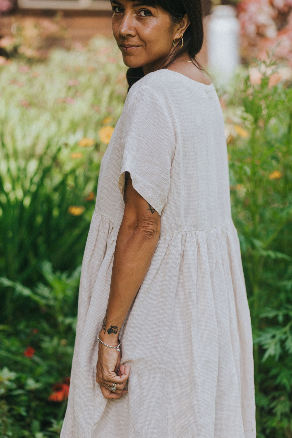 Montaigne Juni French Linen Summer Staple Dress in Houndstooth Cream Natural2