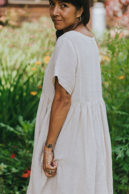 Montaigne Juni French Linen Summer Staple Dress in Houndstooth Cream Natural2