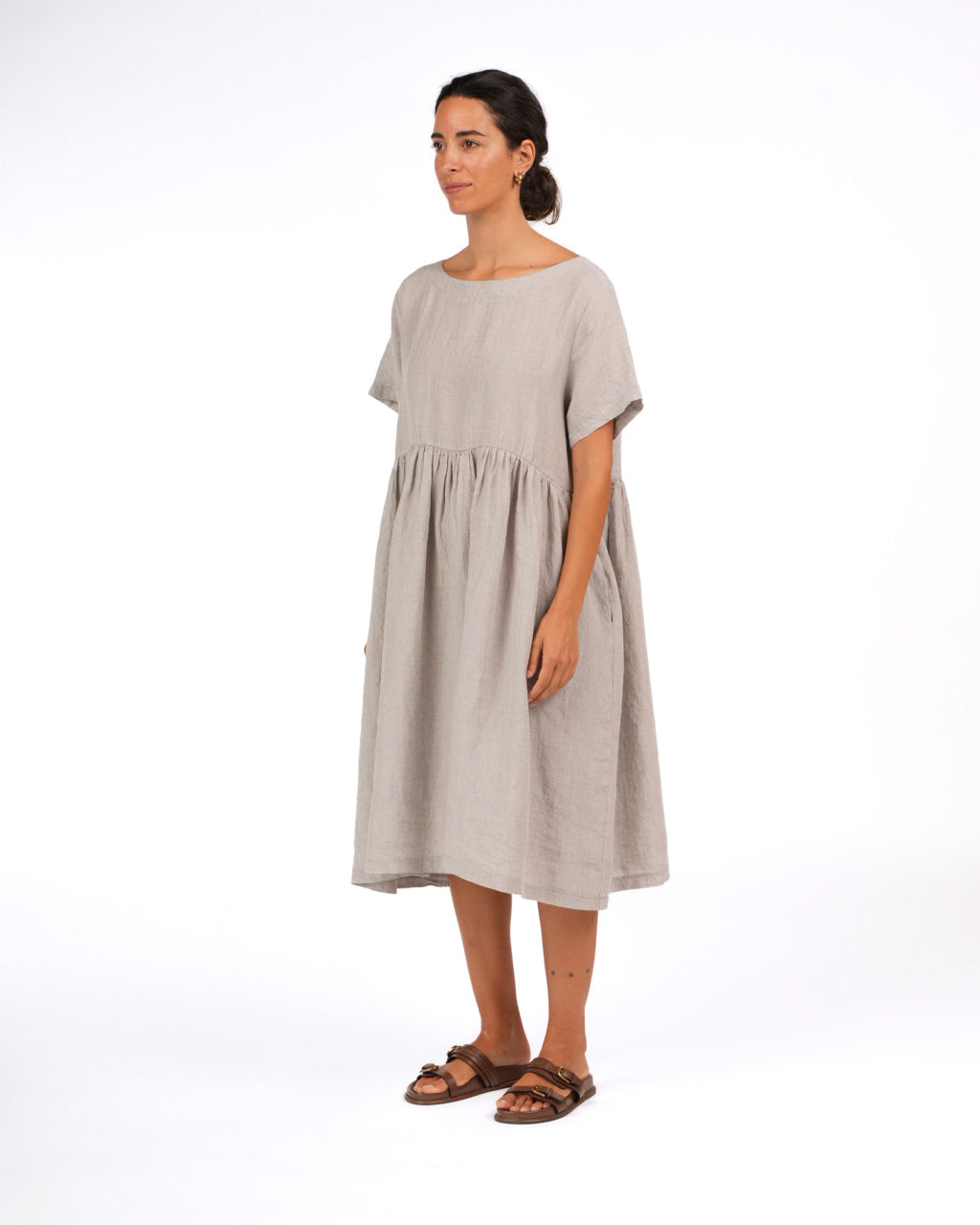 Montaigne Juni French Linen Summer Staple Dress in Houndstooth Grey