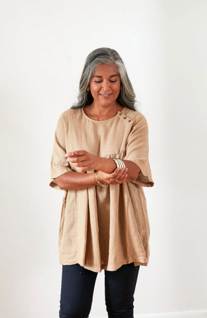 Montaigne La Mer Linen Top with Side-Button Detail Ocre1