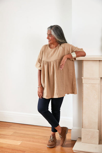 Montaigne La Mer Linen Top with Side-Button Detail Ocre2