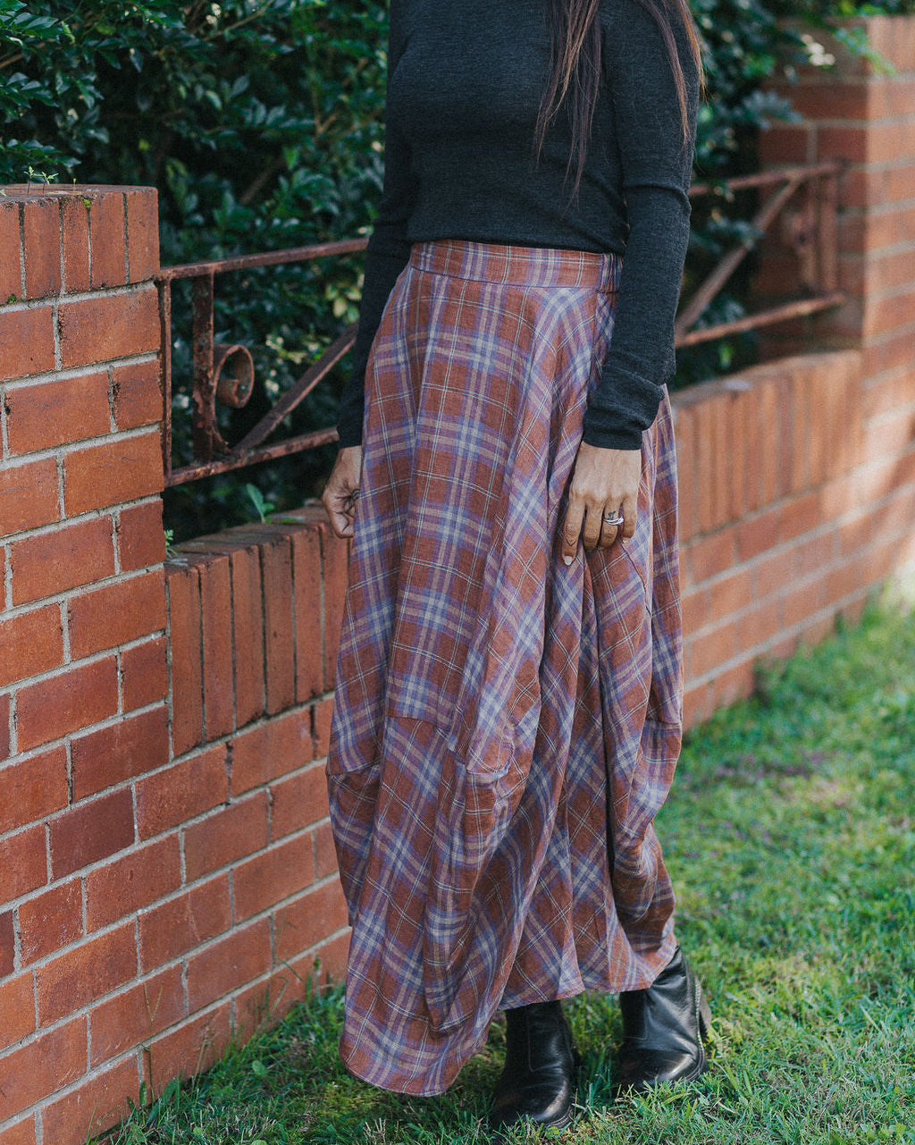 Montaigne Lavigne Asymmetrical Linen Skirt in Plaid