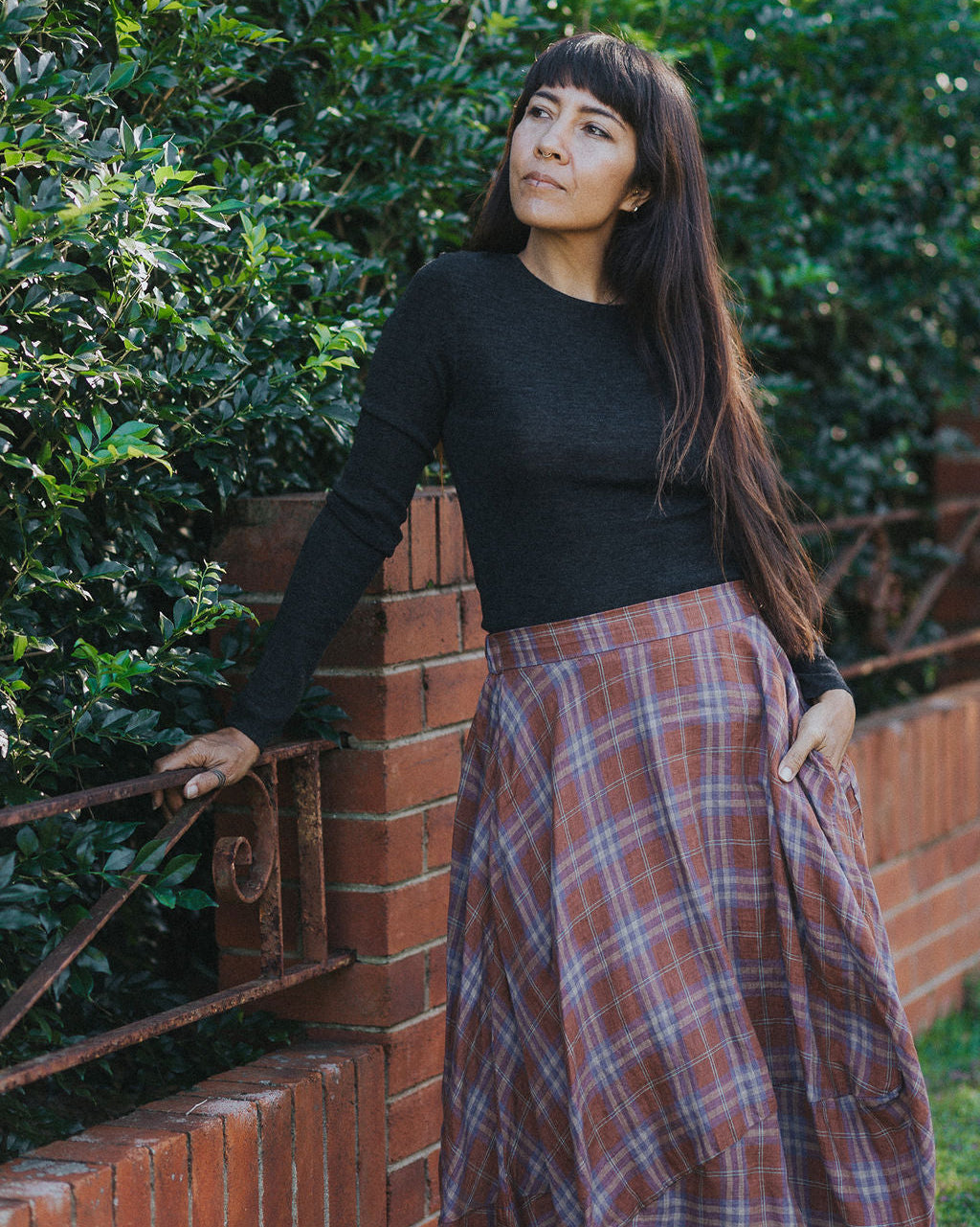 Montaigne Lavigne Asymmetrical Linen Skirt in Plaid1