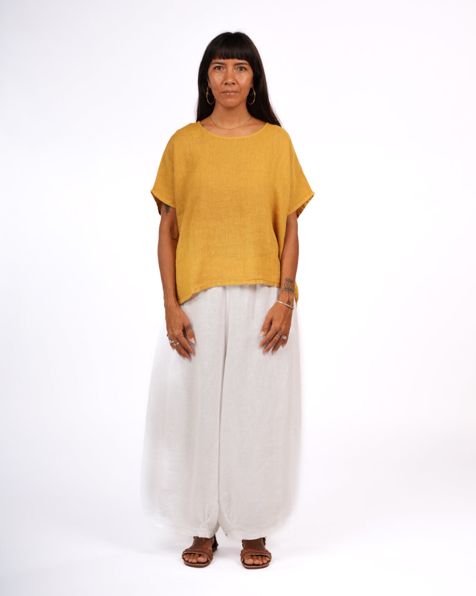 Montaigne Lee Linen Short Sleeve Top Mustard4