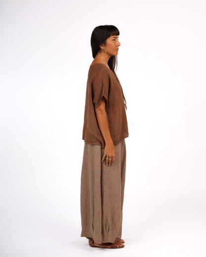 Montaigne Lee Linen Short Sleeve Top Tobacco2