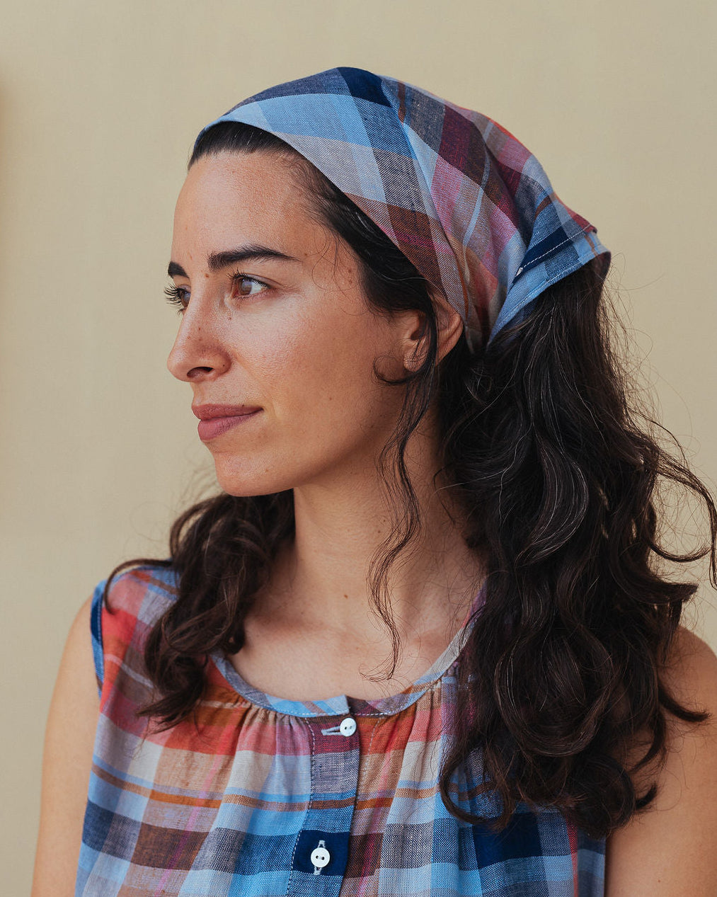 Montaigne Linen Neckerchief / Head Scarf in Multi Check2