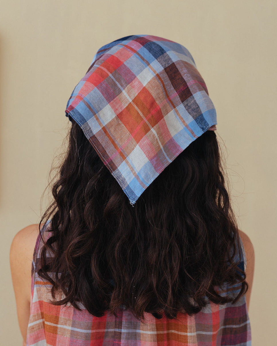 Montaigne Linen Neckerchief / Head Scarf in Multi Check4
