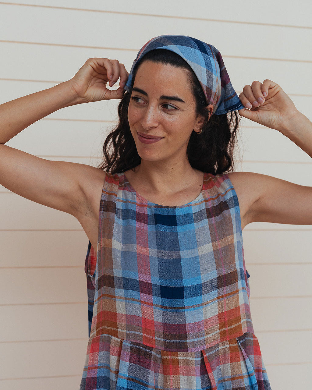 Montaigne Linen Neckerchief / Head Scarf in Multi Check5