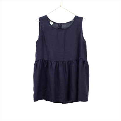 Montaigne Linen Singlet Top with Buttons Down the Back Navy