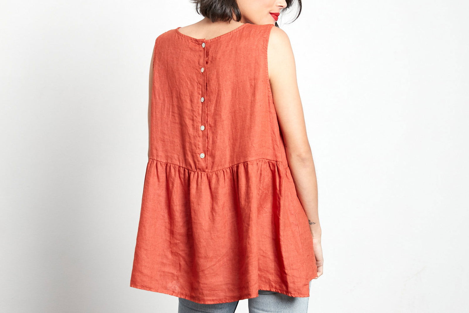 Montaigne Linen Singlet Top with Buttons Down the Back Rust1