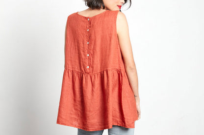 Montaigne Linen Singlet Top with Buttons Down the Back Rust1