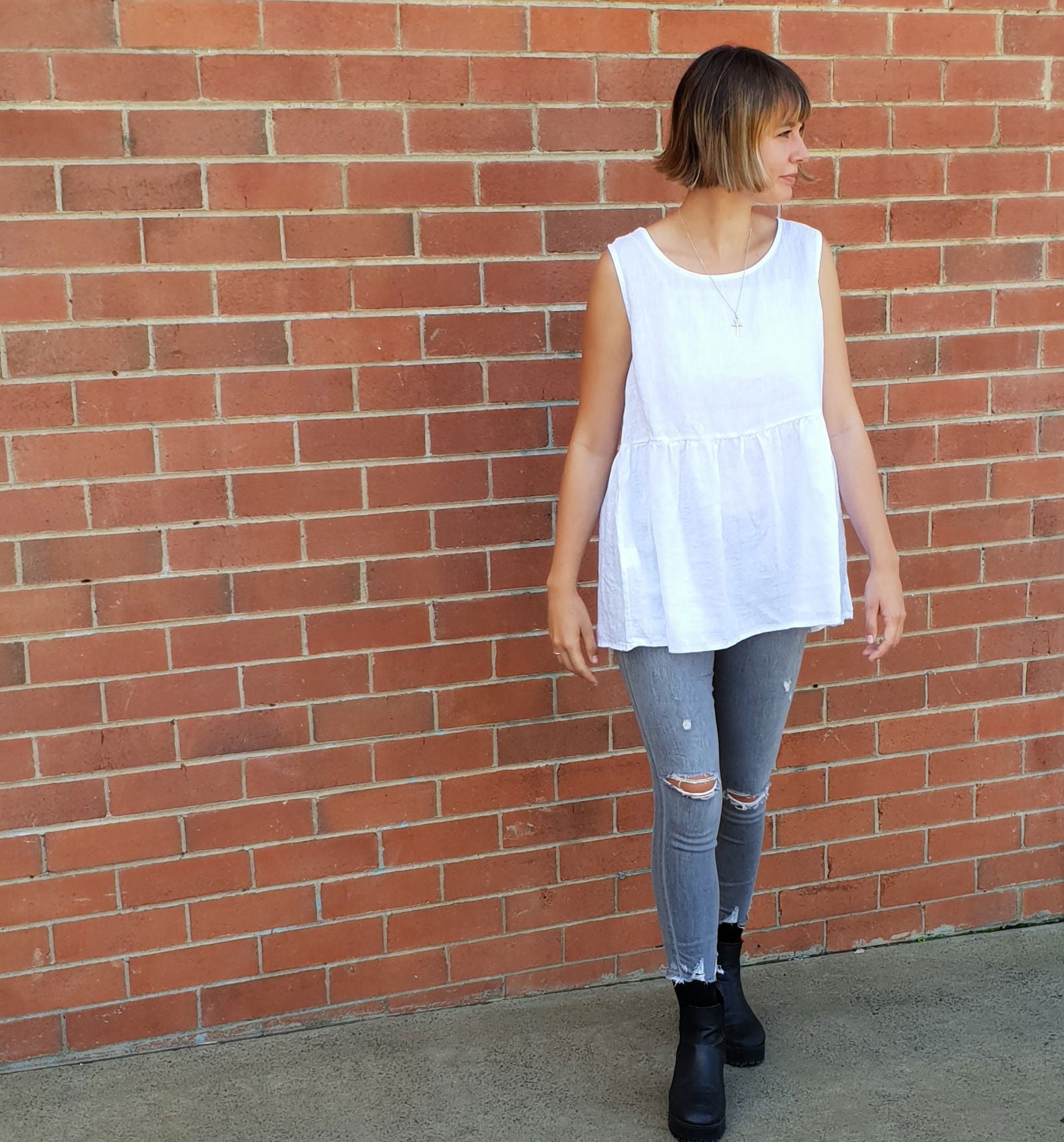 Montaigne Linen Singlet Top with Buttons Down the Back White2