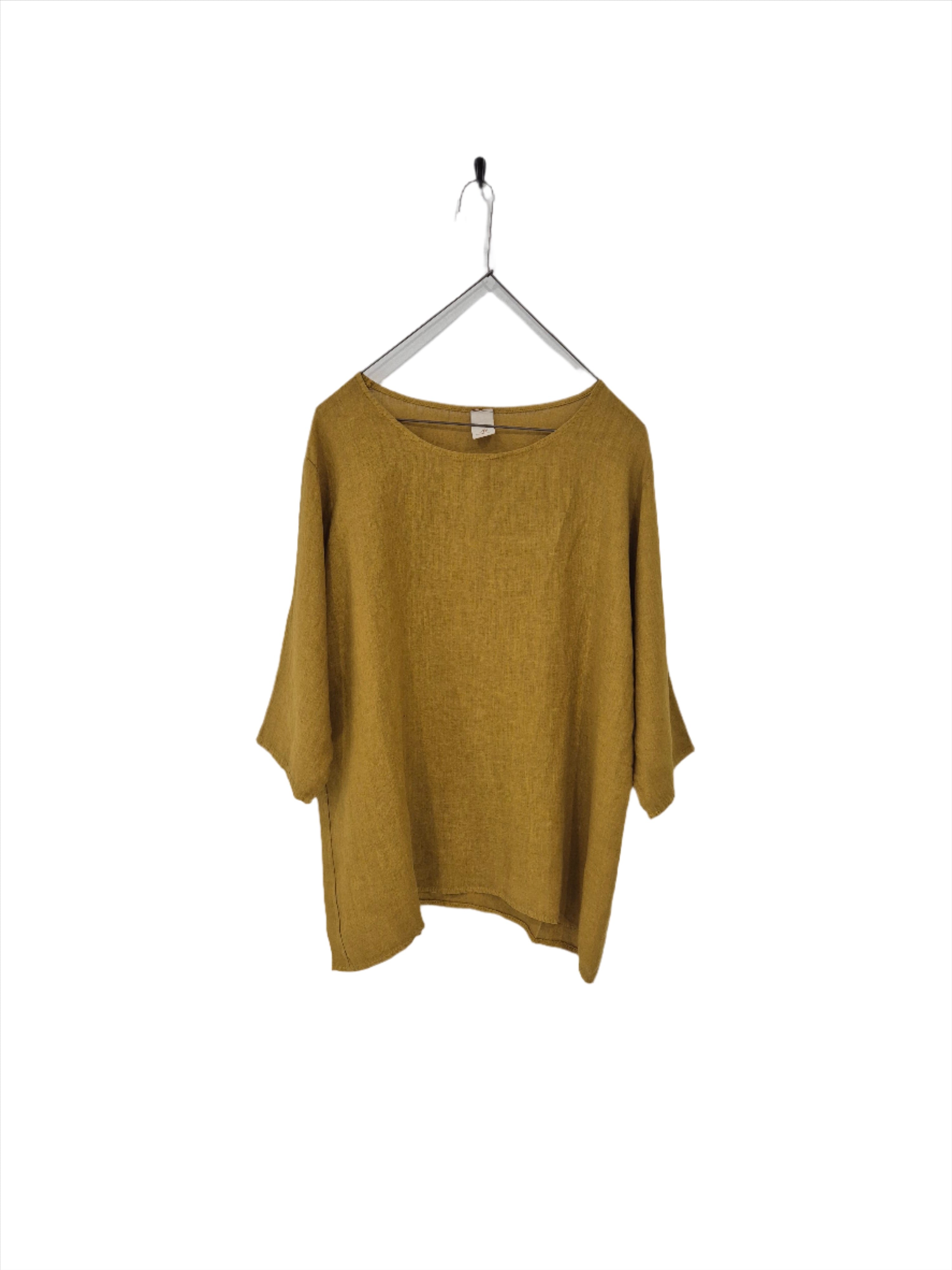 Montaigne Loose Linen 3/4 Sleeve Top Senape