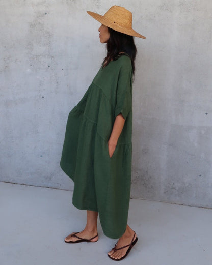 Montaigne Louloute Linen Smock Dress with Pockets Forest Green