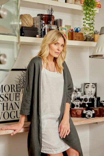 Montaigne Madeleine Bias Cut Linen Coat Petrol2