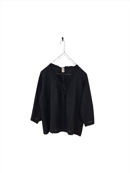 Montaigne Marais Linen Top with Tie Detail Black