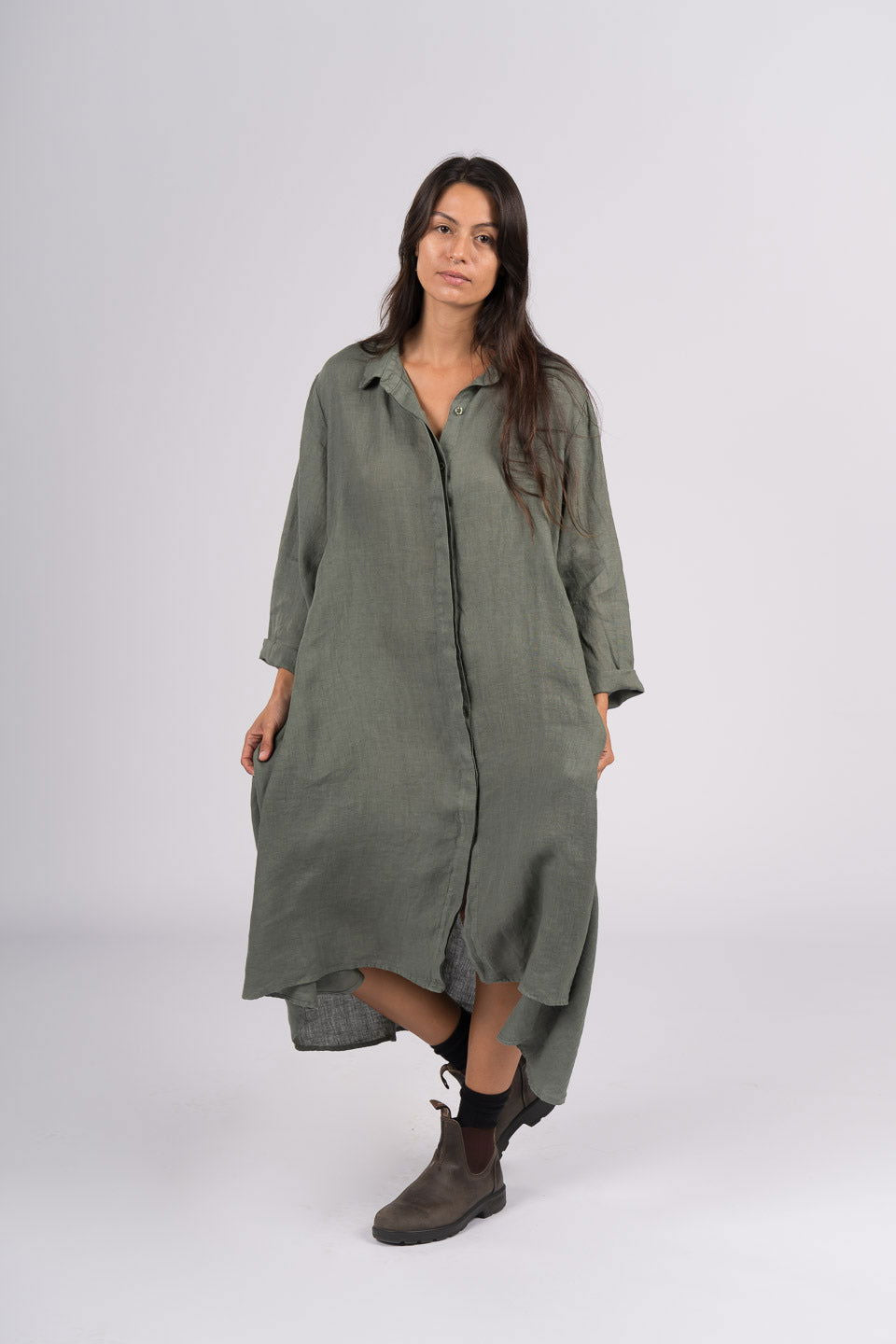Montaigne Margaux Long Sleeve Shirt Dress Khaki1