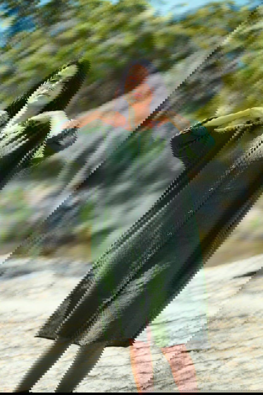 Montaigne Marion Linen Button-Up Dress Forest Green