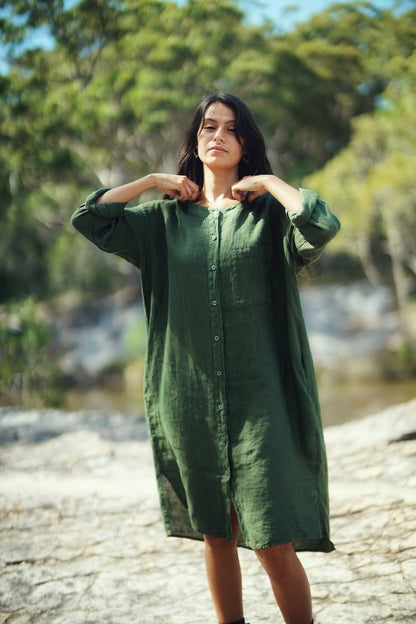 Montaigne Marion Linen Button-Up Dress Forest Green