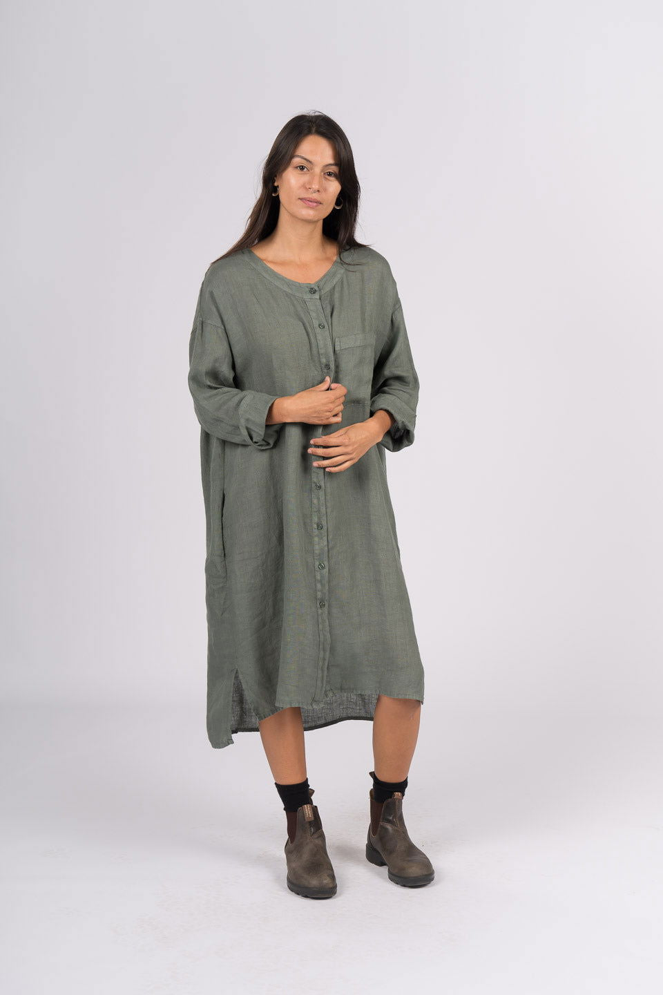 Montaigne Marion Linen Button-Up Dress Khaki